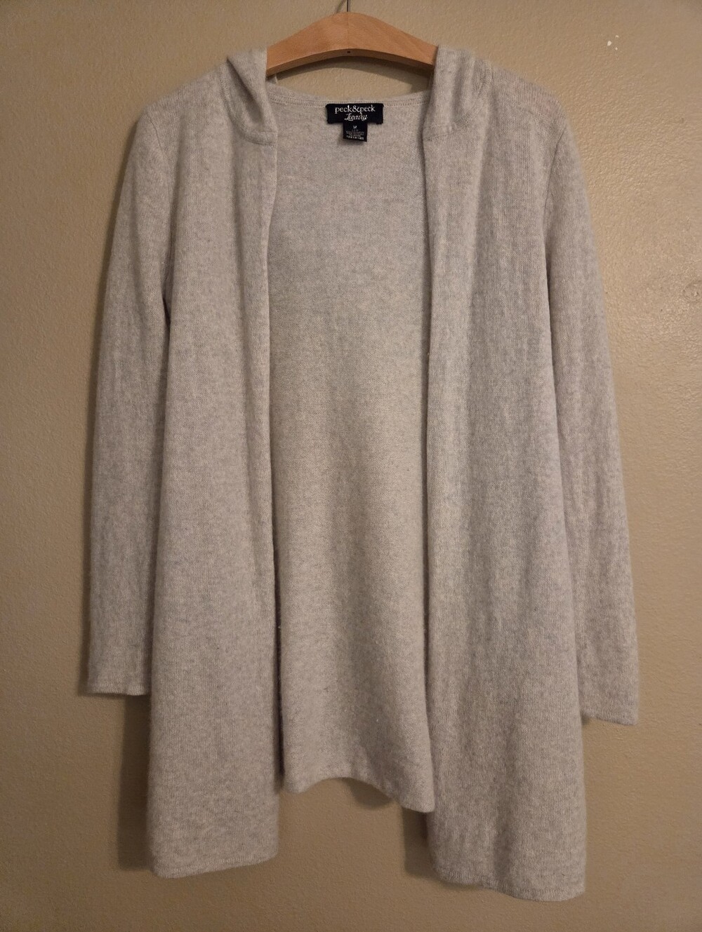 PECK & PECK Luxury Beige 2 Ply 100% Cashmere Long Open Front Hooded Cardigan M
